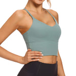 VIBOJOY Longline Strappy Padded Sports Bras Workout Running Tank Crop Tops Yoga Gym Fitness Activewear for Women Medium Green