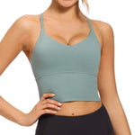 VIBOJOY Longline Strappy Padded Sports Bras Workout Running Tank Crop Tops Yoga Gym Fitness Activewear for Women Medium Green