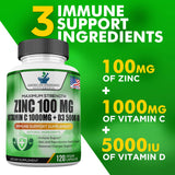 Zinc 100mg, Vitamin C 1000mg, Vitamin D 5000IU per Serving, Immune Support for Adults Kids, Immune System Booster Supplements, Non GMO, No Filler, No Stearate, 120 Vegan Capsules, 60 Day Supply